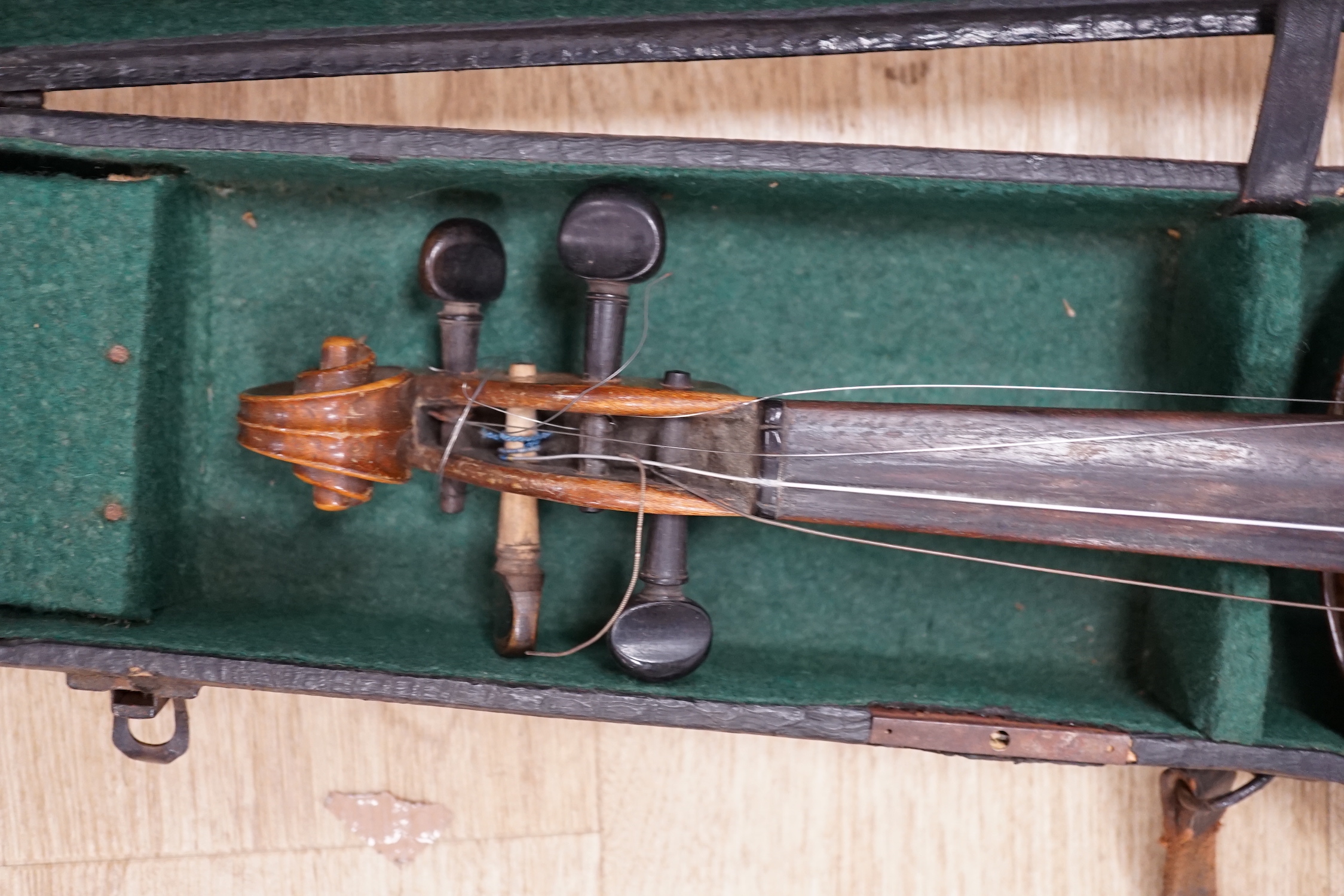 A cased early 20th century violin, length of body, 35.5cm, without bow